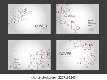 Vector background with curved lines. Network shapes design. Abstract pattern of dots, lines, rounded squares, circles and other simple geometric objects.