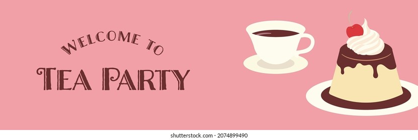 vector background with a custard pudding on a plate and a cup of tea for banners, cards, flyers, social media wallpapers, etc.