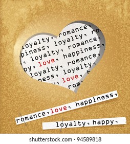 vector background with cut out a heart and strips of paper attached to cardboard stapled