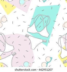 Vector background with cute bathing suit, sunglasses and confetti. Summer pattern.