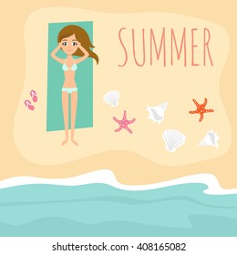 Vector background with cute beautiful young girl resting on the beach. Seashells scattered on the beach. 