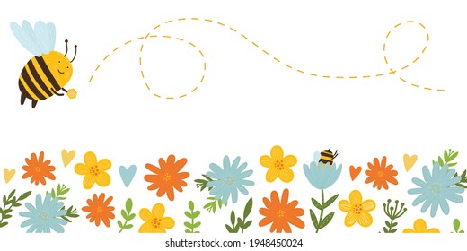 Vector background with cute bee and flowers. Bee collects honey.Flowers orange, yellow, blue vector background.