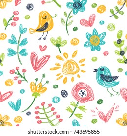 Vector background with cute birdies and flowers. 