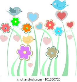 vector background with cute birds and flowers