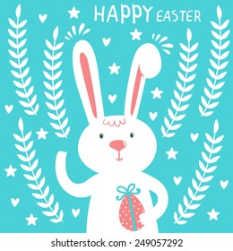 Vector background with cute bunny, egg, branches, stars and hearts and text "Happy Easter". Bright card with smiling cartoon character.