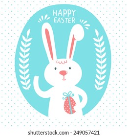 Vector background with cute bunny, egg, branches and text "Happy Easter". Bright card with smiling cartoon character.