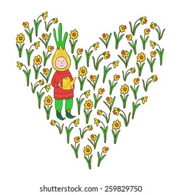 Vector background with cute cartoon characters and heart from daffodils. Bright garden concept.