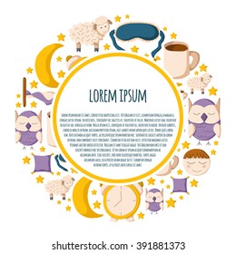 Vector background with cute cartoon objects on sleep theme. Vector insomnia concept. Cartoon sleeping objects: bed, lune, sheep, sleeping mask, pillow, owl. Vector sleeping background in cartoon style