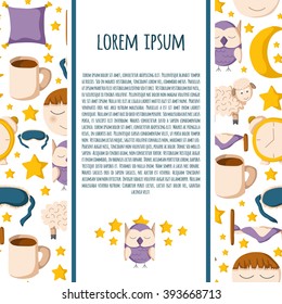 Vector background with cute cartoon objects on sleep theme. Vector insomnia concept. Cartoon sleeping objects: bed, lune, sheep, sleeping mask, pillow, owl. Vector sleeping background in cartoon style