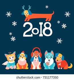 vector background with cute cartoon puppies in warm winter clothes. Different breeds - dachshund, husky, retriever, pug, Chinese crested and basset. Natural colors.