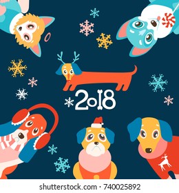 vector background with cute cartoon puppies in warm winter clothes. Different breeds - dachshund, husky, retriever, pug, Chinese crested and basset. Natural colors.