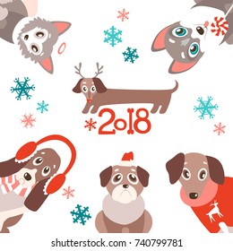 vector background with cute cartoon puppies in warm winter clothes. Different breeds - dachshund, husky, retriever, pug, Chinese crested and basset. Natural colors.