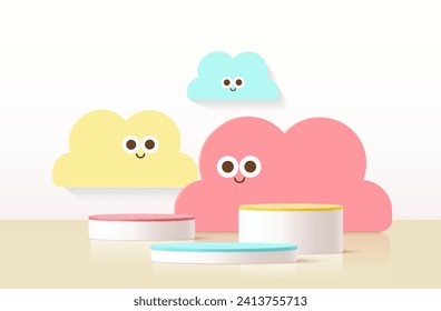 Vector background with cute design in paper cut style. Geometric pastel color background, design for kids or product display podium 3d render.
