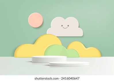 Vector background with cute design in paper cut style. Geometric pastel color background, design for product display podium 3d render.
