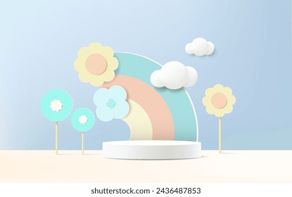 Vector background with cute design in paper cut style. Geometric pastel color background, design for cosmetic or product display podium 3d render.
