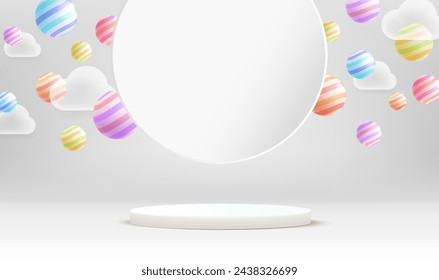 Vector background with cute design. Rainbow balls background, Design for cosmetic or product display podium, 3d render.
