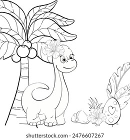 Vector background - cute dinosaur Diplodocus with egg. For nursery, newborn. Jurassic period. Cartoon animal, tropical leaves, palm for kids design. Black silhouette for circuit