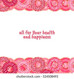 Vector background. Cute donuts with colorful glazing or cream on white background. Cookie sweets, food or candy decoration. Flat lay style. Pink color