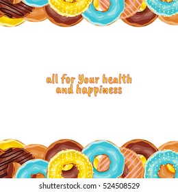 Vector background. Cute donuts with colorful glazing or cream on white background. Cookie sweets, food or candy decoration. Flat lay style. Choco, blue, yellow colors