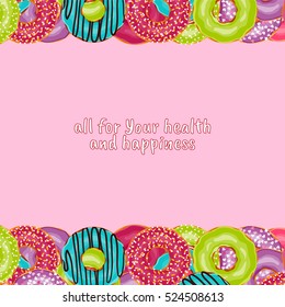 Vector background. Cute donuts with colorful glazing or cream on white background. Cookie sweets, food or candy decoration. Flat lay style. Pink, blue, green colors