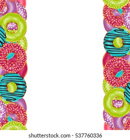 Vector background. Cute donuts with colorful glazing or cream on white background. Cookie sweets, food or candy decoration. Flat lay style 