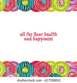Vector background. Cute donuts with colorful glazing or cream on white background. Cookie sweets, food or candy decoration. Flat lay style