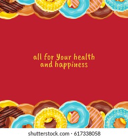 Vector background. Cute donuts with colorful glazing or cream on white background. Cookie sweets, food or candy decoration. Flat lay style