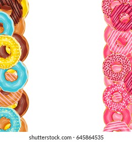 Vector background. Cute donuts with colorful glazing or cream on white background. Cookie sweets, food or candy decoration. Flat lay style