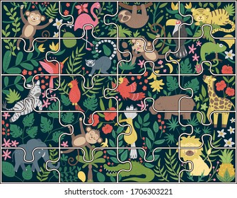 Vector background with cute exotic animals, leaves, flowers, fruits with puzzle pieces texture. Funny tropical scene with birds and plants. Bright flat illustration for children. Jungle summer clipart