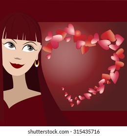Vector background with cute face of girl and many hearts in shape of heart