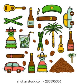 Vector background with cute hand drawn colorful objects on Cuba theme with rum, coctail Cuba Libre, old car, sugar cane, coffee, guitar, cigar, national woman's dress and famous hat of Che for your