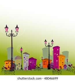 vector background with cute illustrated abstract city