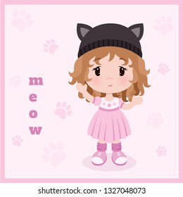 Vector background, cute little baby girl in dress, hat with cats ears.