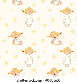 Vector Background with Cute  Little Girls. Seamless Pattern