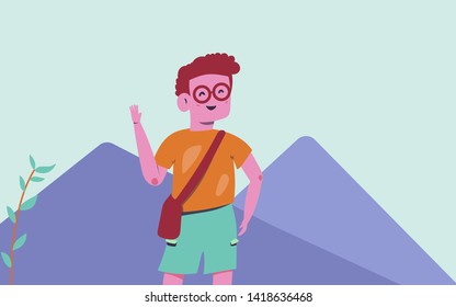 Vector background with cute people in the nature. Outdoor banner with young people  mountain. Smiling boy