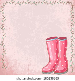 Vector background with cute pink gumboots and long branch