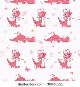 Vector Background with Cute Red Dragons. Seamless Pattern