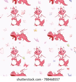 Vector Background with Cute Red Dragons. Seamless Pattern
