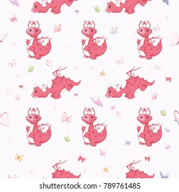 Vector Background with Cute Red Dragons. Seamless Pattern
