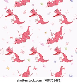 Vector Background with Cute Red Dragons. Seamless Pattern