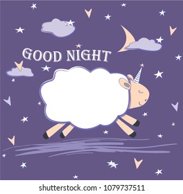 Vector background with cute sheep and evening stars, good night card. Vector illustration