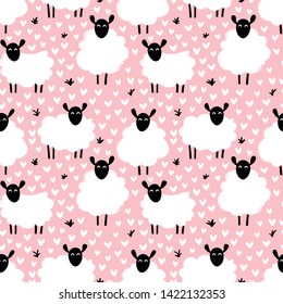 Vector background with cute sheeps and hearts in pastel colors. Seamless background for your design.