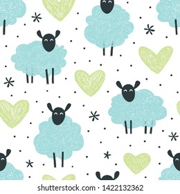 Vector background with cute sheeps and hearts in pastel colors. Seamless background for your design.