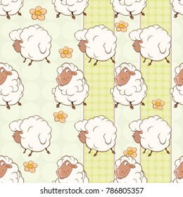 Vector Background with Cute Sheeps. Seamless Pattern