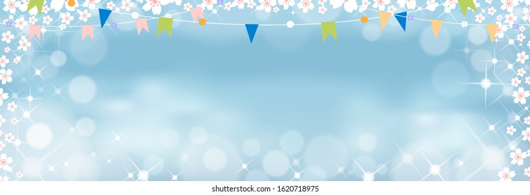 Vector background with cute tiny sakura and flags hanging on a clothesline on blue pastel,Spring background with cherry blossom border and bokeh light effect,Template banner for Easter or Summer