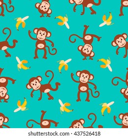 Vector background with dancing monkeys and flying banana. Seamless colored pattern. Symbol Chinese year of monkey.