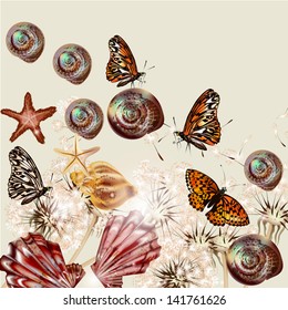 Vector background with dandelions flowers, sea shells for summer design