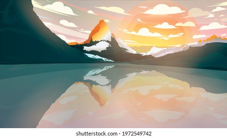 Vector background dawn on the lake against the backdrop of mountains and cloudy sky