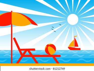 vector background with deck chair under umbrella on the beach