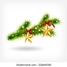 Vector background with decorated Christmas green spruce branch, bow and stars